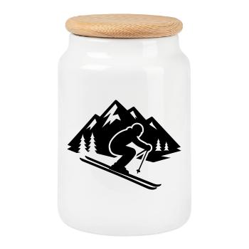 Ski Silhouette Berge Piste - Keksdose mit Holzdeckel - Weiß - Vorne