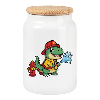 Dino Pompier Héros - Boîte à biscuits avec couvercle en bois - blanc - Devant