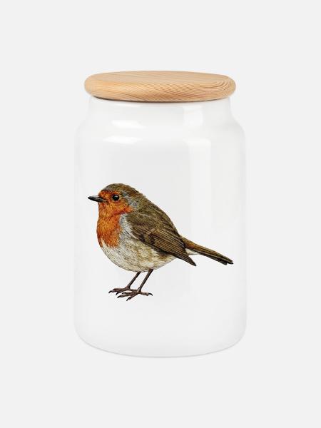 Besticktes Rotkehlchen-Minimalist (gedruckt) - Keksdose mit Holzdeckel - Weiß