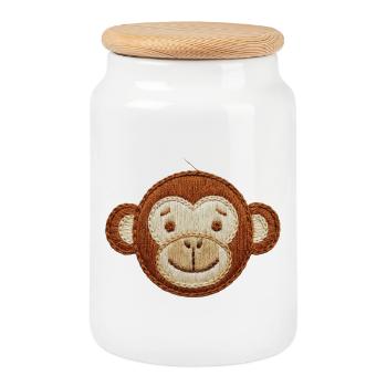 Embroidered cute monkey head playful animal(printed) - Cookie Jar with Wooden Lid - white - Front