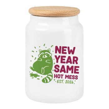 New Year Same Hot Mess Est. 2026 Raccoon - Cookie Jar with Wooden Lid - white - Front