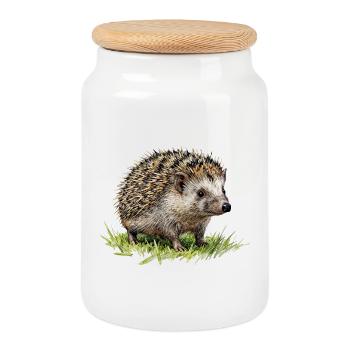 Watercolor Hedgehog in the Grass - Cookie Jar with Wooden Lid - white - Front