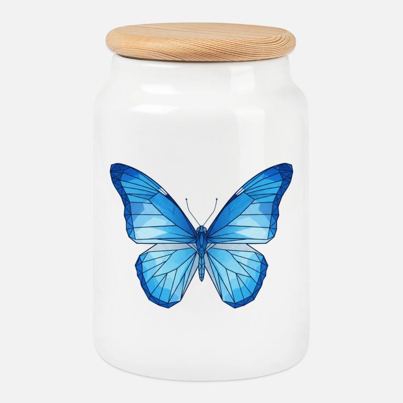 Papillon bleu géométrique - Boîte à biscuits avec couvercle en bois - blanc