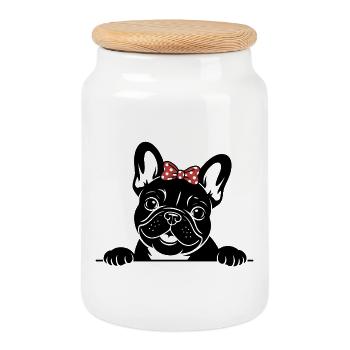 Bouledogue français - Boîte à biscuits avec couvercle en bois - blanc - Devant