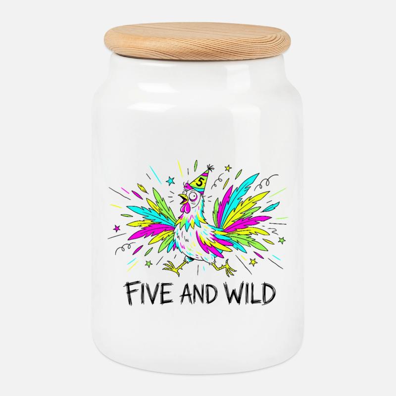 5e anniversaire de Five And Wild Chicken - Boîte à biscuits avec couvercle en bois - blanc