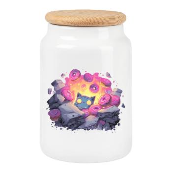 Cat Crystal Donut Grotto in Neon Light - Cookie Jar with Wooden Lid - white - Front