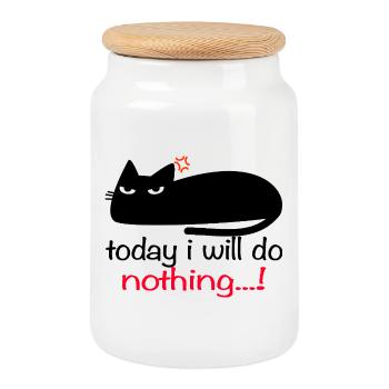 Funny cat today I will do nothing - Cookie Jar with Wooden Lid - white - Front