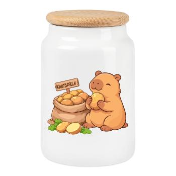 Capybara mit Kartoffeln – entspannt & niedlich - Keksdose mit Holzdeckel - Weiß - Vorne