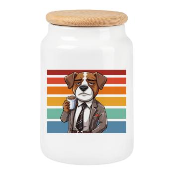 Coffee dog in suit in front of retro stripes - Cookie Jar with Wooden Lid - white - Front