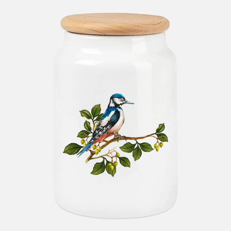 Oiseau coloré - Boîte à biscuits avec couvercle en bois - blanc