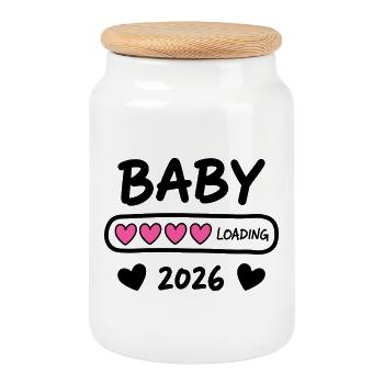 Baby Loading 2026 Schwangerschaft Eltern - Keksdose mit Holzdeckel - Weiß - Vorne