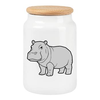 Hippopotamus Standing Comic Animal Zoo - Cookie Jar with Wooden Lid - white - Front