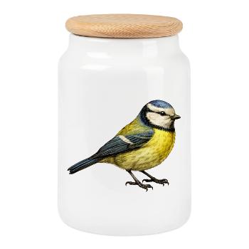 Blue Illustration – Little Bird Nature Motif - Cookie Jar with Wooden Lid - white - Front