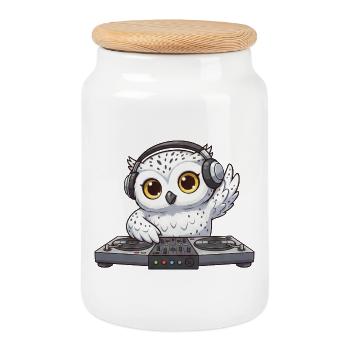 Owl DJ Dancing Techno Disco Electronic Music - Cookie Jar with Wooden Lid - white - Front