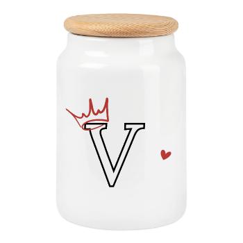 Lettre v couronne cœur - Boîte à biscuits avec couvercle en bois - blanc - Devant