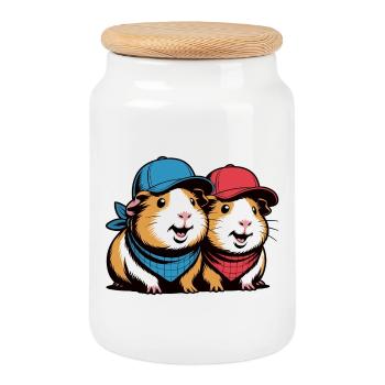 Two Guinea Pig Duo Caps - Cookie Jar with Wooden Lid - white - Front