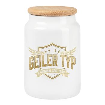 Geiler Typ 1986 – Geburtstag Vintage Wappen - Keksdose mit Holzdeckel - Weiß - Vorne