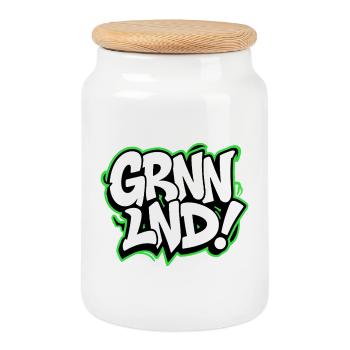 GRNNND ! Vêtements de ville du Groenland pour les globe-trotters - Boîte à biscuits avec couvercle en bois - blanc - Devant
