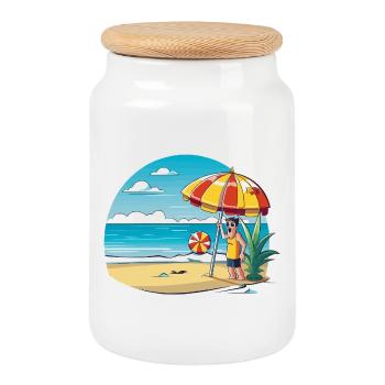 Strandurlaub Cartoon mit Sonnenschirm - Keksdose mit Holzdeckel - Weiß - Vorne