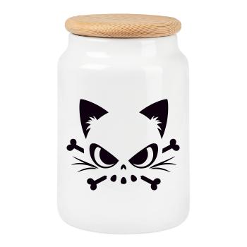 Crâne de chat | Motif minimaliste de Skull & Bones - Boîte à biscuits avec couvercle en bois - blanc - Devant