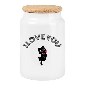 Cute Black Cat I Love You Retro Pink Bow Valentine - Cookie Jar with Wooden Lid - white - Front