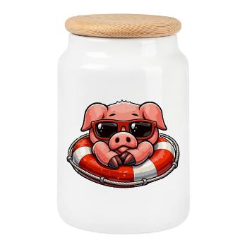 Cool pig in a lifebuoy - Cookie Jar with Wooden Lid - white - Front