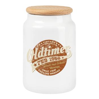 Oldtimer Februar 1956 - Geburtstag - Geschenk - Keksdose mit Holzdeckel - Weiß - Vorne