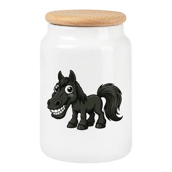 Crazy Black Cartoon Horse Grins - Cookie Jar with Wooden Lid - white - Front