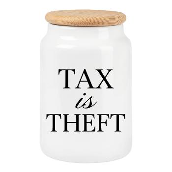 Tax is Theft - Citation libertarienne (couleur personnalisée) - Boîte à biscuits avec couvercle en bois - blanc - Devant