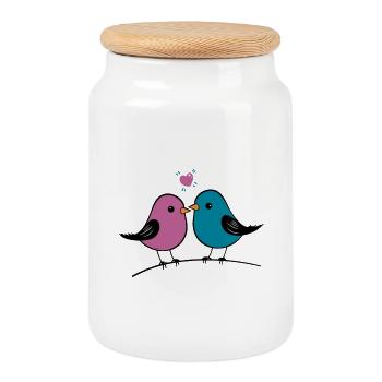 Les oiseaux embrassent avec le cœur - Boîte à biscuits avec couvercle en bois - blanc - Devant