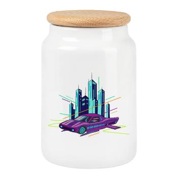 Neon Cruiser über Skyline - Keksdose mit Holzdeckel - Weiß - Vorne