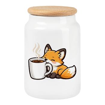 Kuschelfuchs mit Kaffee - Keksdose mit Holzdeckel - Weiß - Vorne