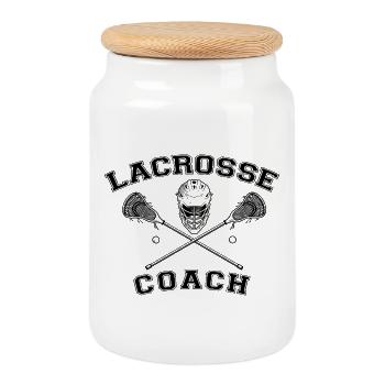 Classic Lacrosse Coach Helmet & Crossed Sticks Art - Cookie Jar with Wooden Lid - white - Front