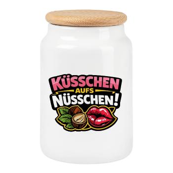 Bisous sur la noix – Baiser espiègle en disant - Boîte à biscuits avec couvercle en bois - blanc - Devant