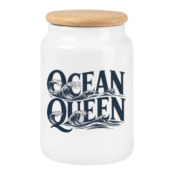 Ocean Queen - Waves Typography Design - Cookie Jar with Wooden Lid - white - Front