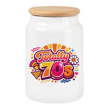 70s - Cookie Jar with Wooden Lid - white - Front