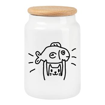 Chat pêchent au poisson - Boîte à biscuits avec couvercle en bois - blanc - Devant