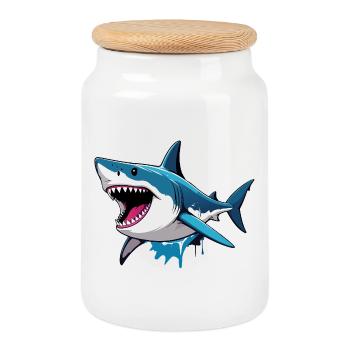 Huge Biting Shark Action Cartoon Shark - Cookie Jar with Wooden Lid - white - Front