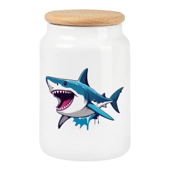 Motif maritime joyeux de l’effet de spritz du grand grand requin blanc - Boîte à biscuits avec couvercle en bois - blanc - Devant