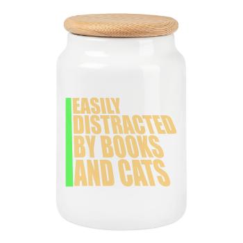 Easily Distracted By Books And Cats Cat Book - Cookie Jar with Wooden Lid - white - Front