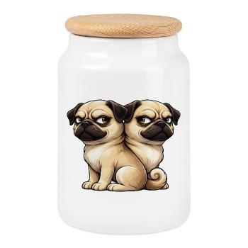 Cute Pug Cartoon Friends Friendship Twins - Cookie Jar with Wooden Lid - white - Front