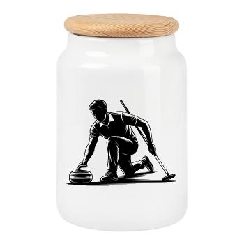 Curling Man Athlete Action Silhouette - Cookie Jar with Wooden Lid - white - Front