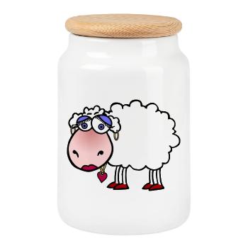 Cuddly sheep with heart pendant - Cookie Jar with Wooden Lid - white - Front