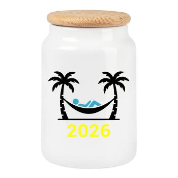 Hängematte Palmen 2026 - Keksdose mit Holzdeckel - Weiß - Vorne