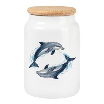 Two jumping dolphins illustration - Cookie Jar with Wooden Lid - white - Front