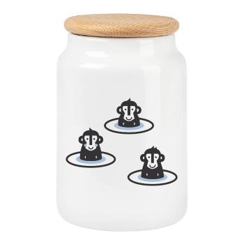 Three Japanese snow monkeys l macaques in onsen l blue - Cookie Jar with Wooden Lid - white - Front