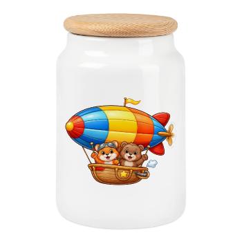 Zeppelin Animals Motif Cartoon Airship - Cookie Jar with Wooden Lid - white - Front
