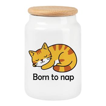 Born to Nap Katze Schlaf Design - Keksdose mit Holzdeckel - Weiß - Vorne