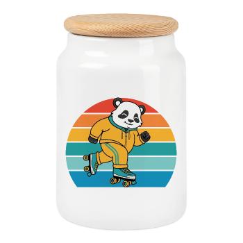 Retro-Panda auf Rollschuhen - Keksdose mit Holzdeckel - Weiß - Vorne