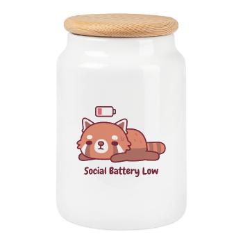 Cute Tired Red Panda Introvert Social Battery Low - Cookie Jar with Wooden Lid - white - Front